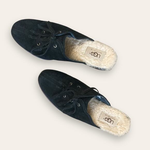 UGG AustrianWitchy Black Suede Block Heel Mules size 6.5 - Picture 2 of 6